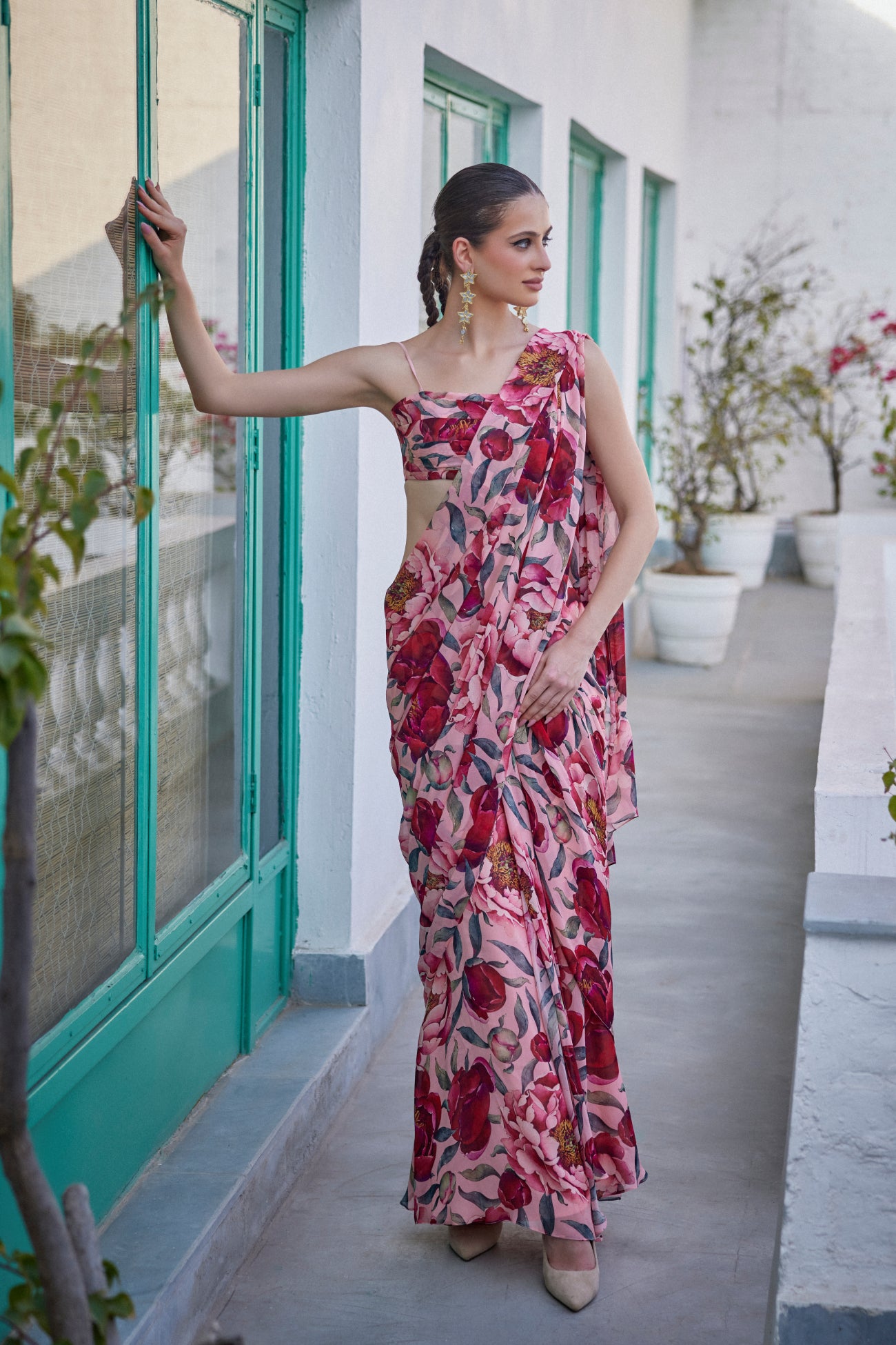 Draped Saree with Bustier in Pink