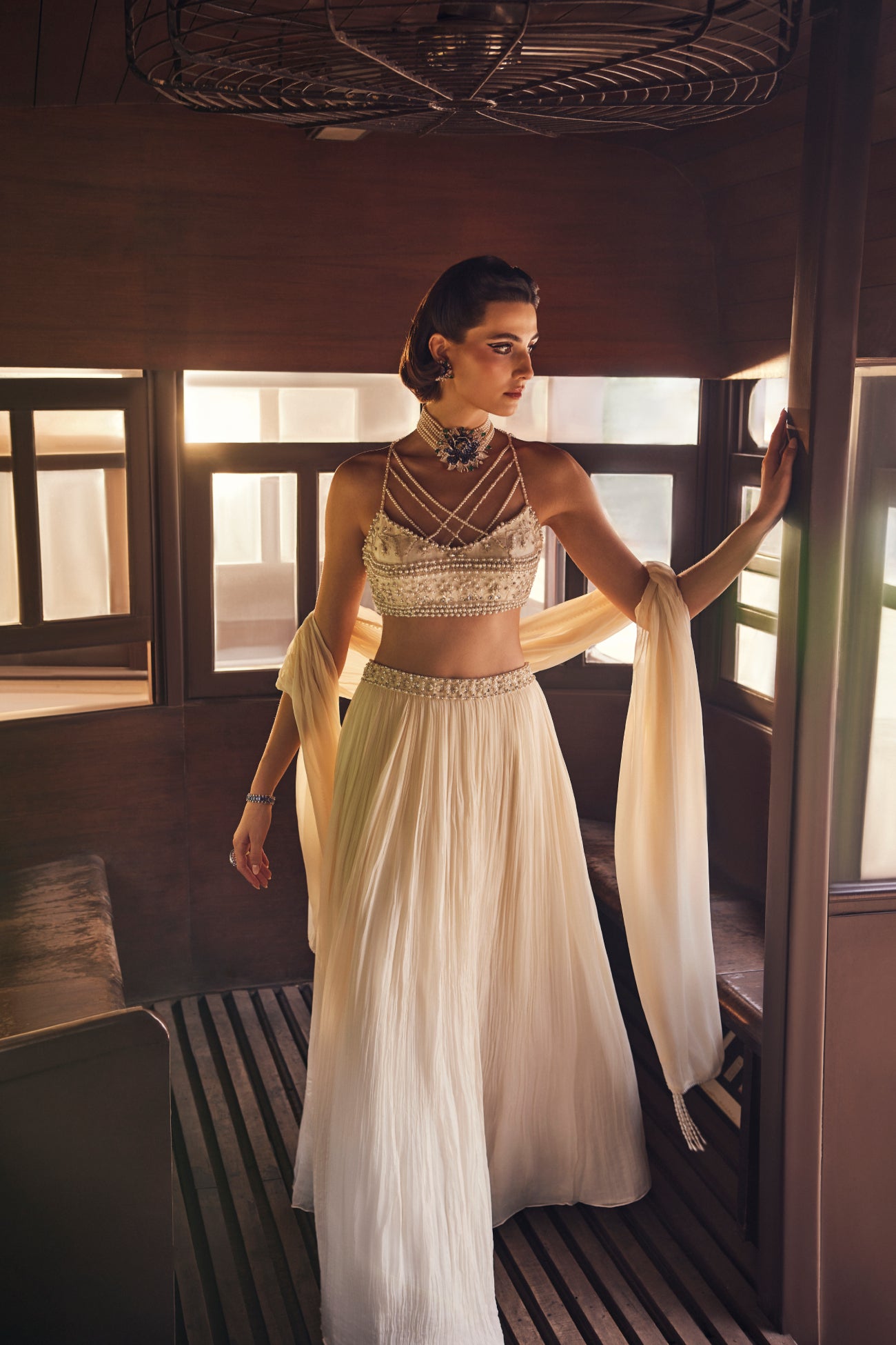 Perle Pleated Skirt with Pearl Blouse and Dupatta in Ivory Thread