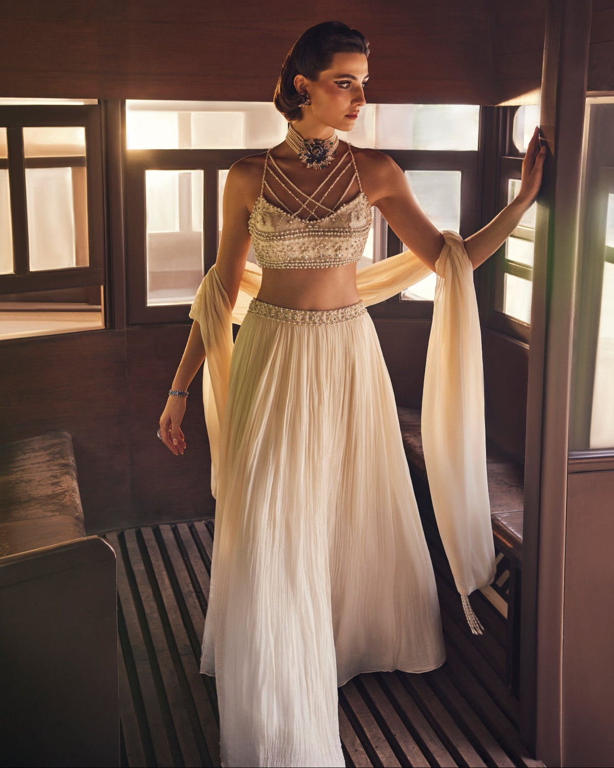 Perle Pleated Skirt with Pearl Blouse and Dupatta in Ivory Thread