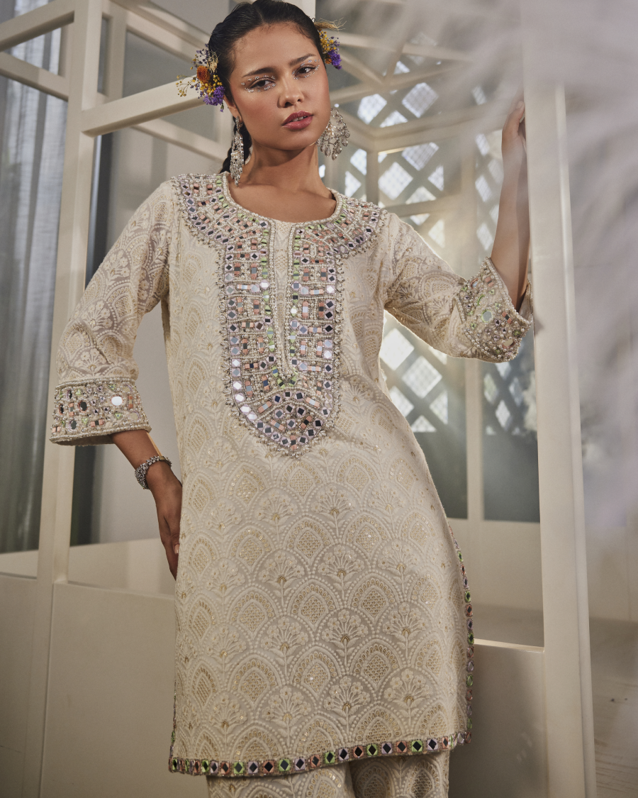 Aria Kurta with Multi Colour Mirror Yoke, Narrow Pants and Dupatta in Ivory