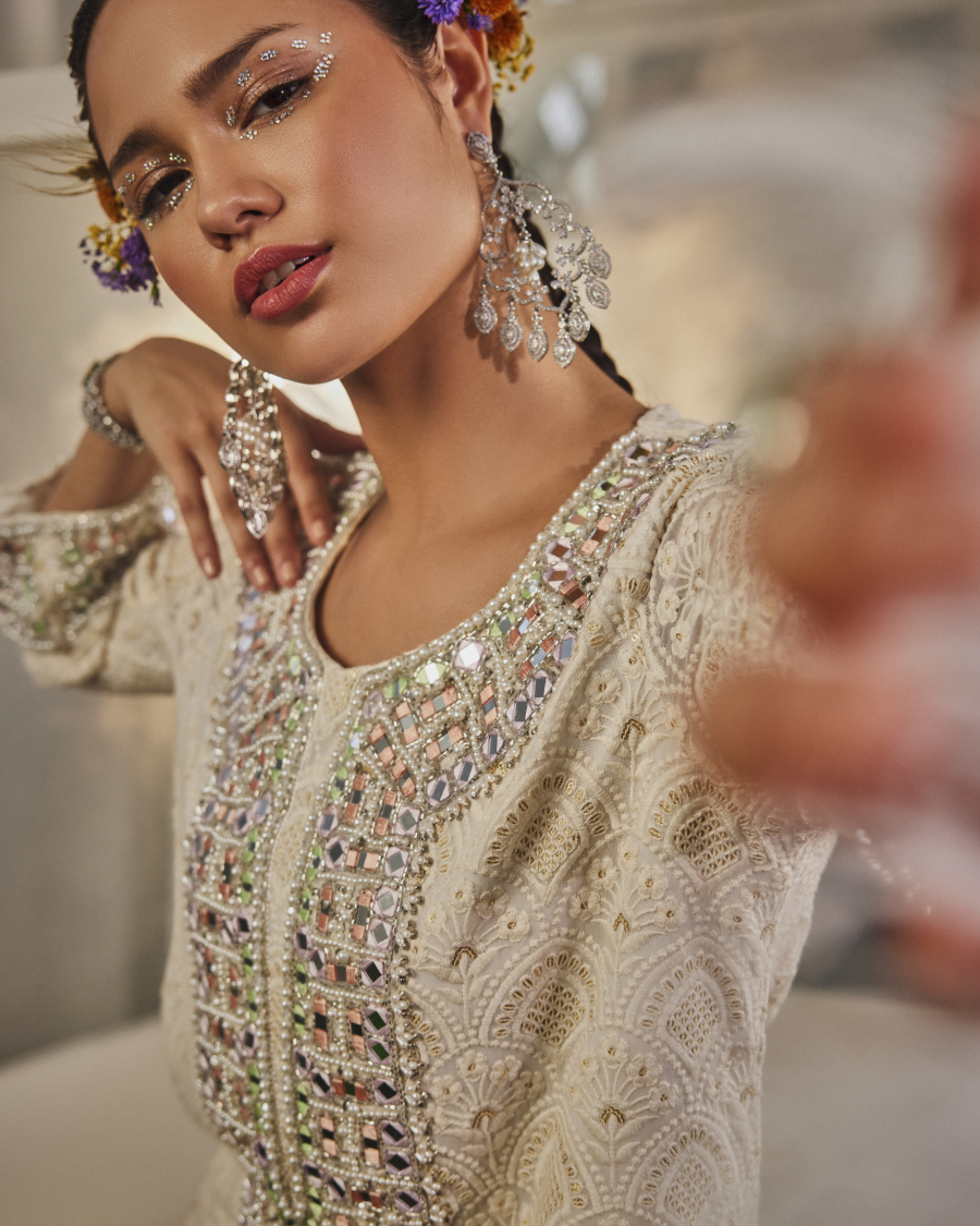 Aria Kurta with Multi Colour Mirror Yoke, Narrow Pants and Dupatta in Ivory
