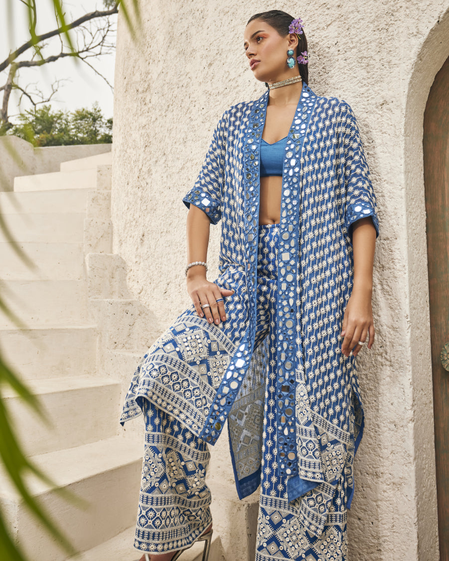 Mila Cape with Palazzo Pants and Bralette in Azure