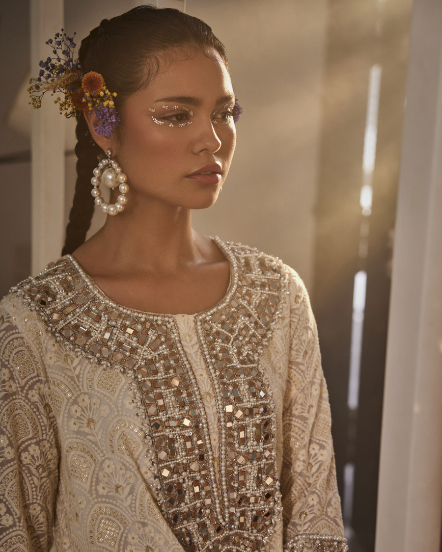 Aria Kurta with Dull Gold Mirror Yoke, Narrow Pants and Dupatta in Ivory