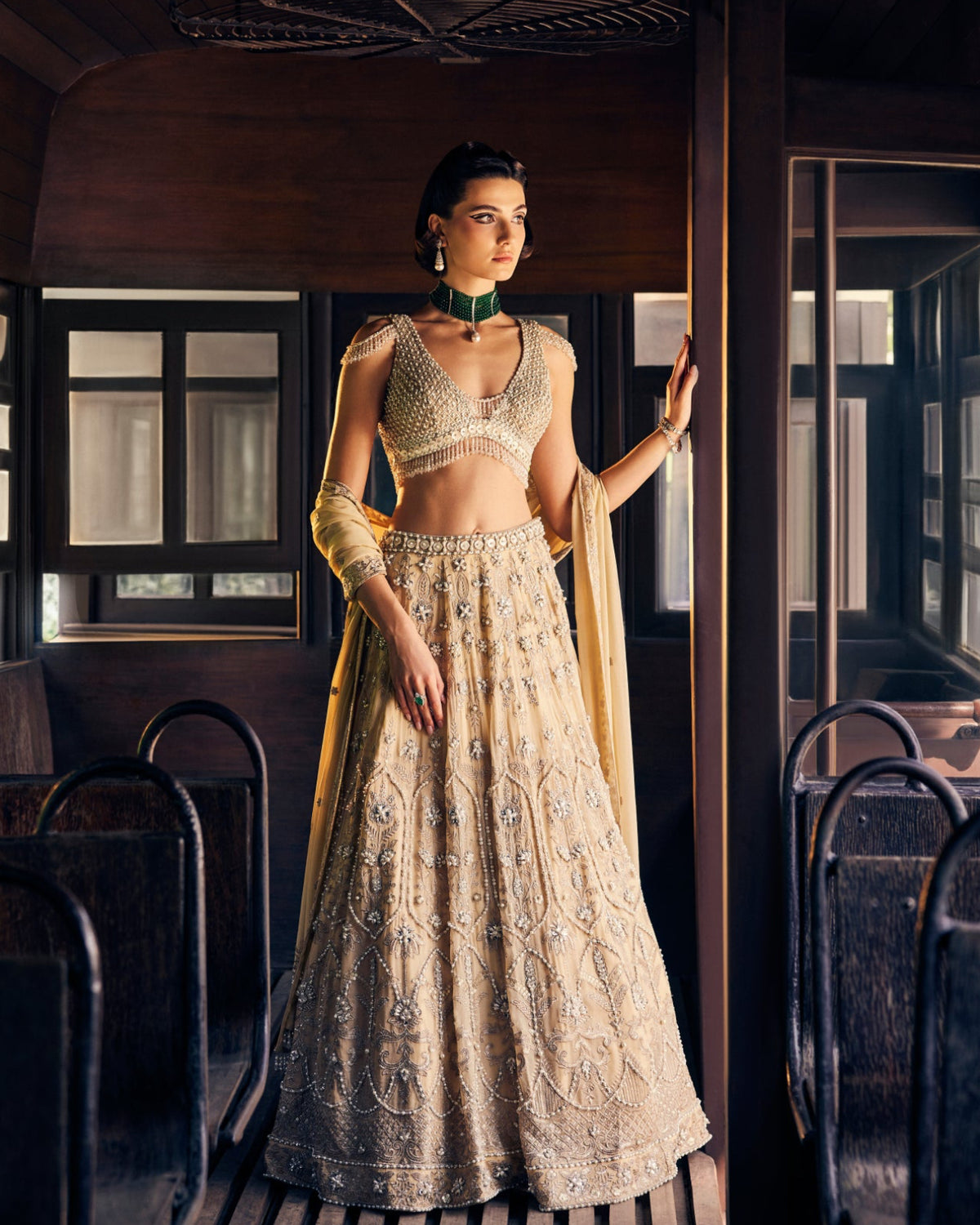 Perle Lehenga Set with Tassel Blouse in Beige Zari