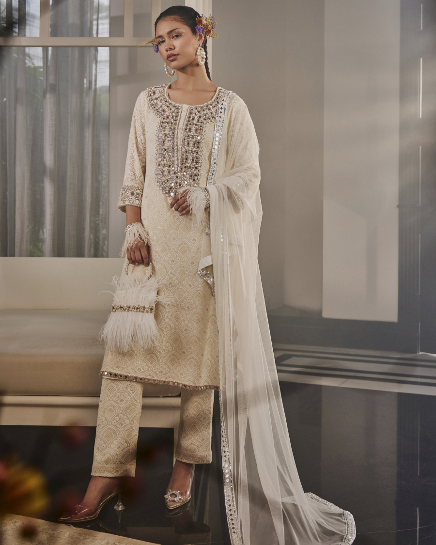 Aria Kurta with Dull Gold Mirror Yoke, Narrow Pants and Dupatta in Ivory