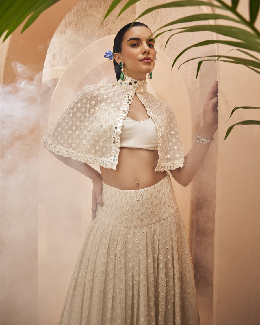 Sara Capelet with Stardust Lehenga Skirt and Bralette in Blanche