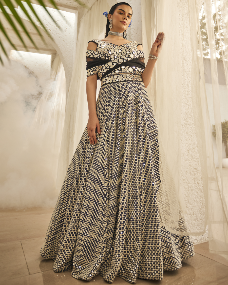 Isa Mirror Blouse with Galaxy Kali Lehenga Skirt and Dupatta in Noir