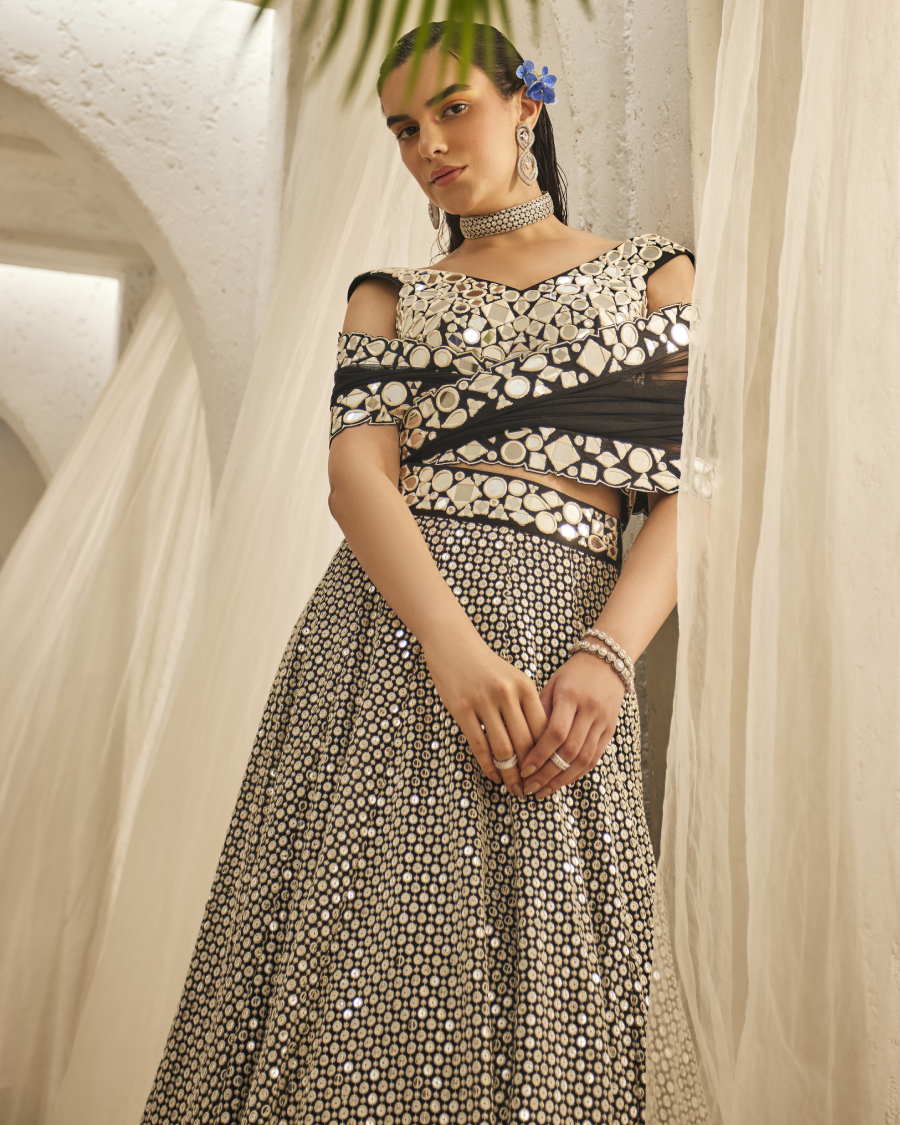 Isa Mirror Blouse with Galaxy Kali Lehenga Skirt and Dupatta in Noir