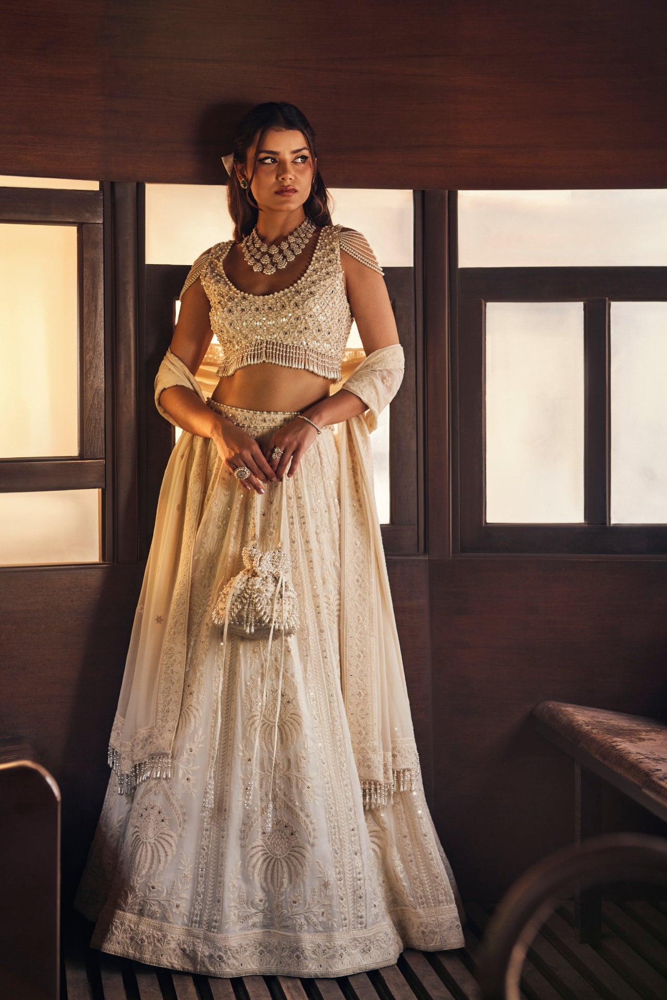 Perle Lehenga Set with Tassel Blouse in Ivory Thread