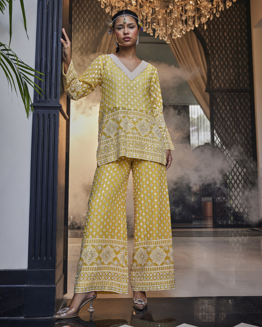 Kiara Slim Tunic with Pearl Neck and Palazzos in Mango