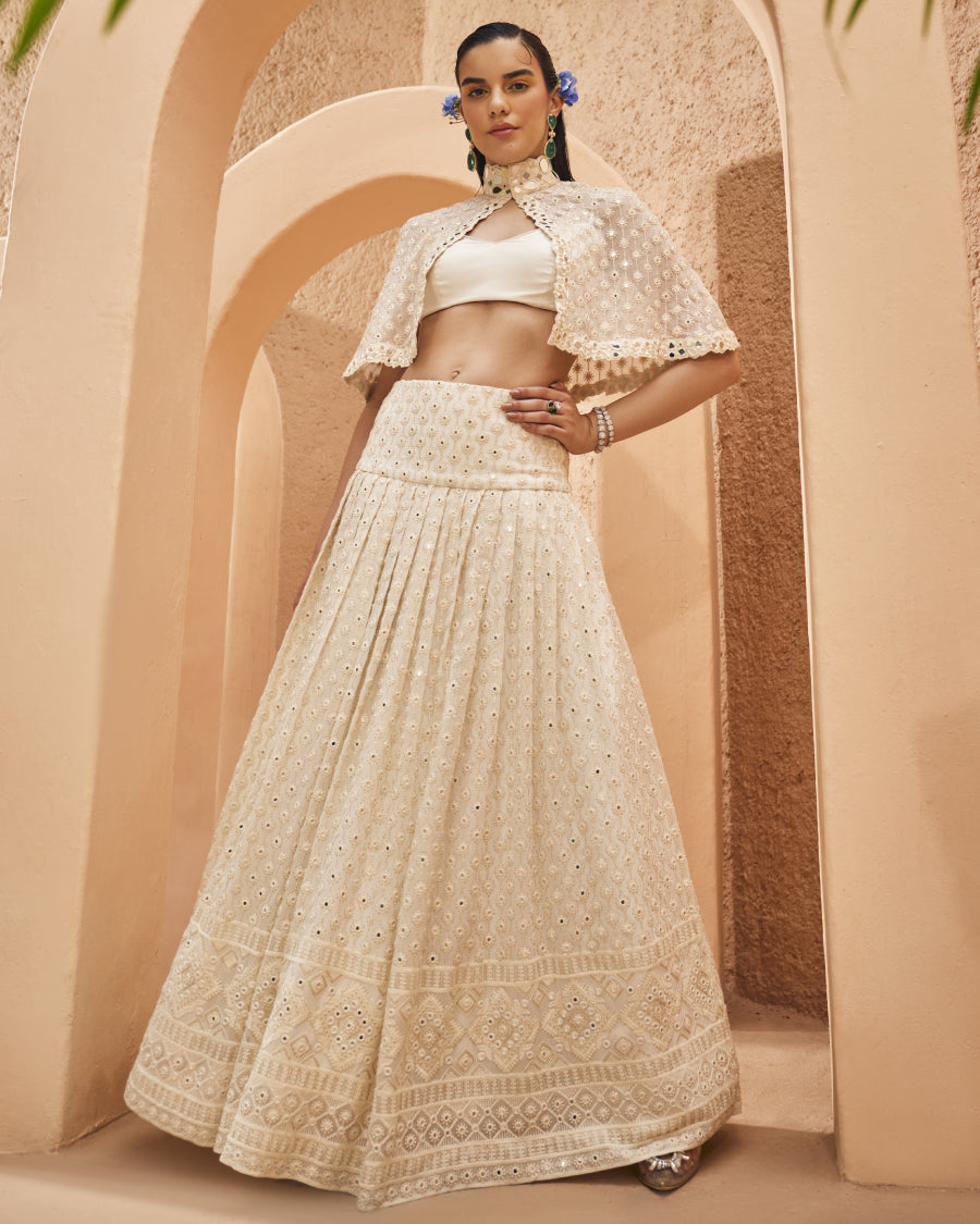 Sara Capelet with Stardust Lehenga Skirt and Bralette in Blanche