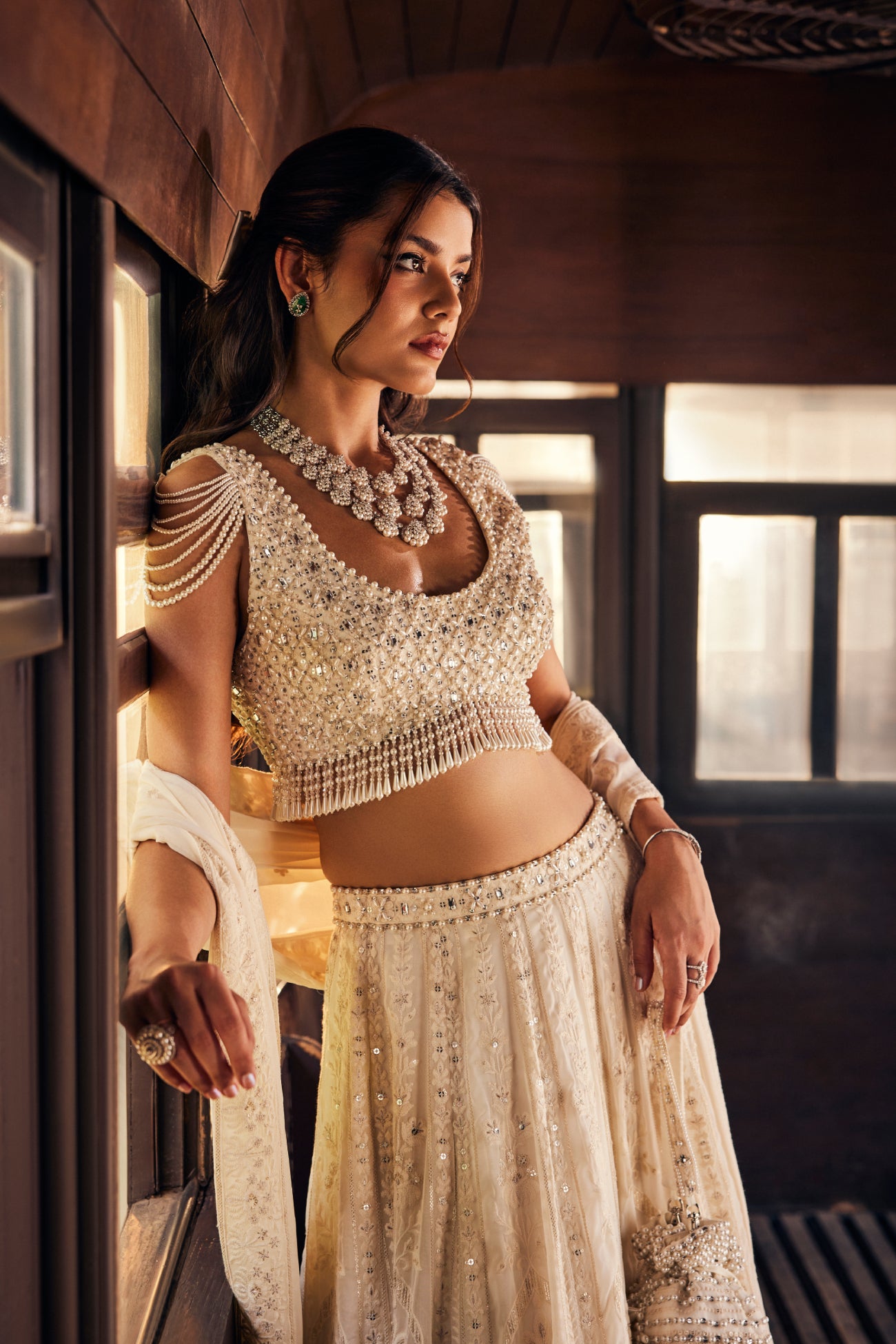 Perle Lehenga Set with Tassel Blouse in Ivory Thread
