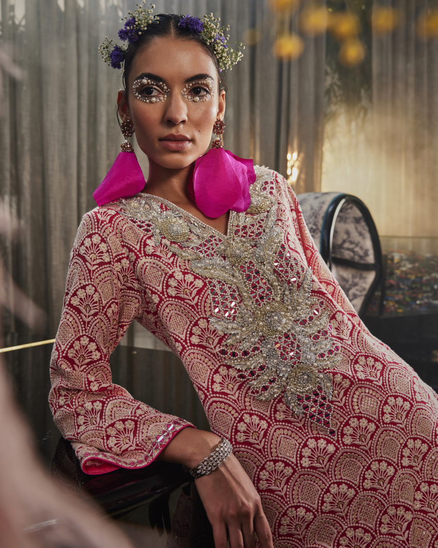 Zia Kurta with Gota and Mirror Yoke and Narrow Pants in Fuchsia