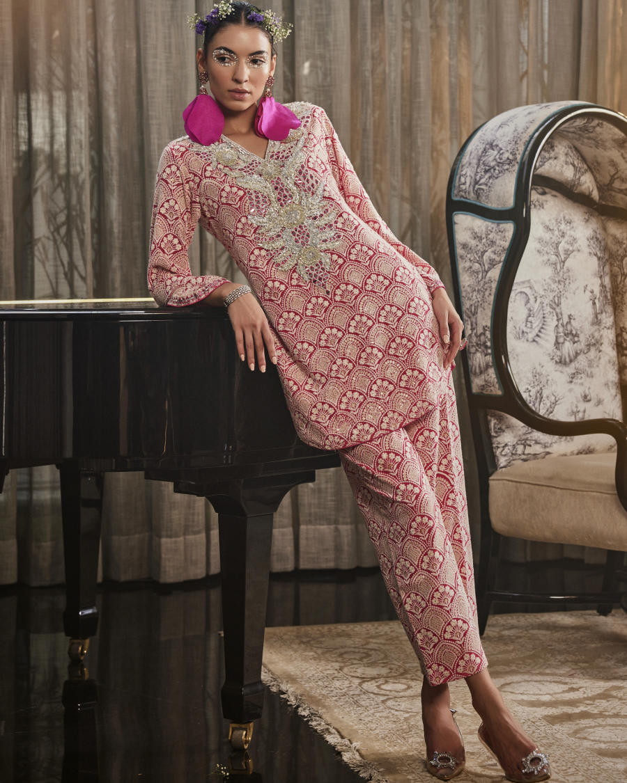 Zia Kurta with Gota and Mirror Yoke and Narrow Pants in Fuchsia