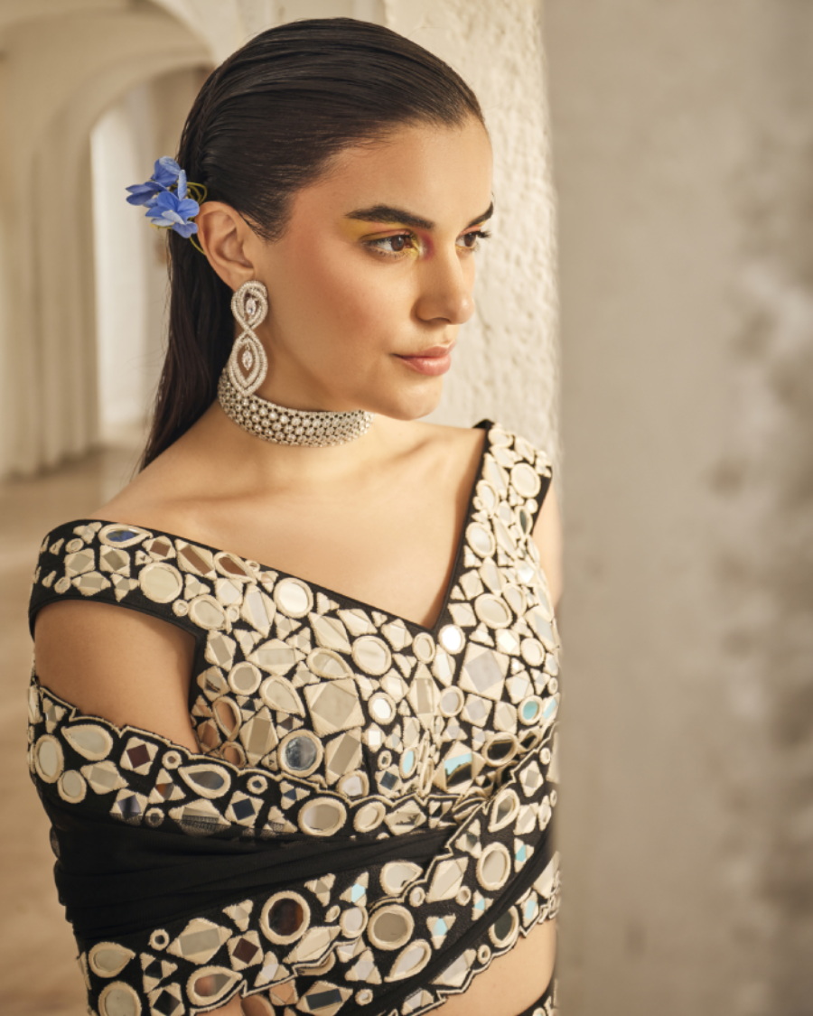 Isa Mirror Blouse with Galaxy Kali Lehenga Skirt and Dupatta in Noir