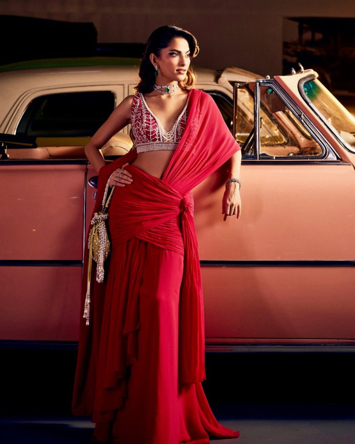 Perle Ruched Saree with Pearl Blouse in Hot Pink