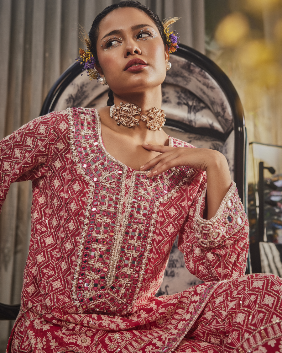 Kiara Slim Tunic with a Long Mirror Yoke and Narrow Pants in Fuchsia