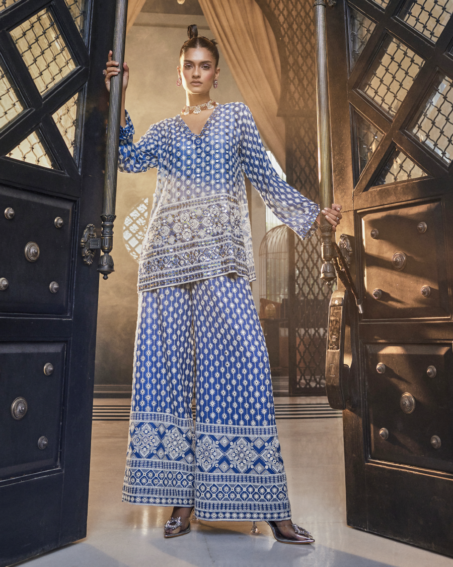 Kiara Slim Tunic with Stardust Mirror and Pallazos in Cobalt