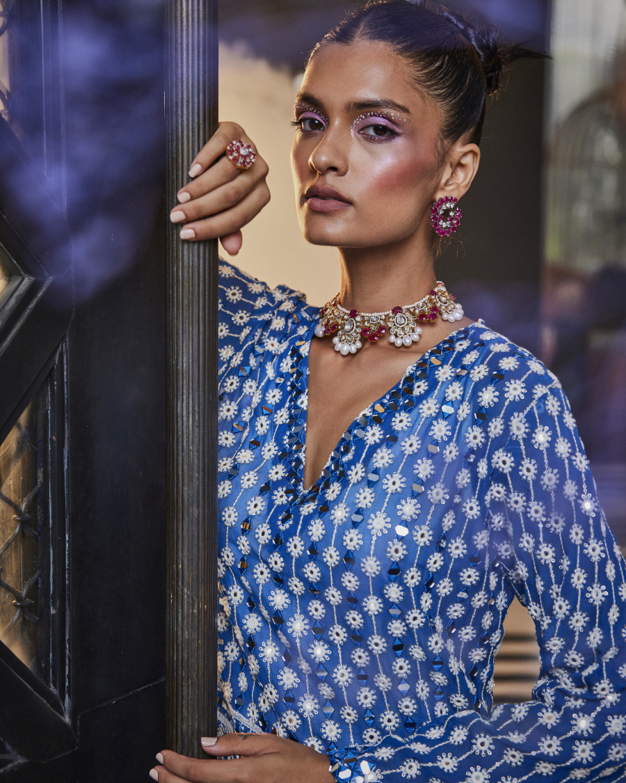 Kiara Slim Tunic with Stardust Mirror and Pallazos in Cobalt