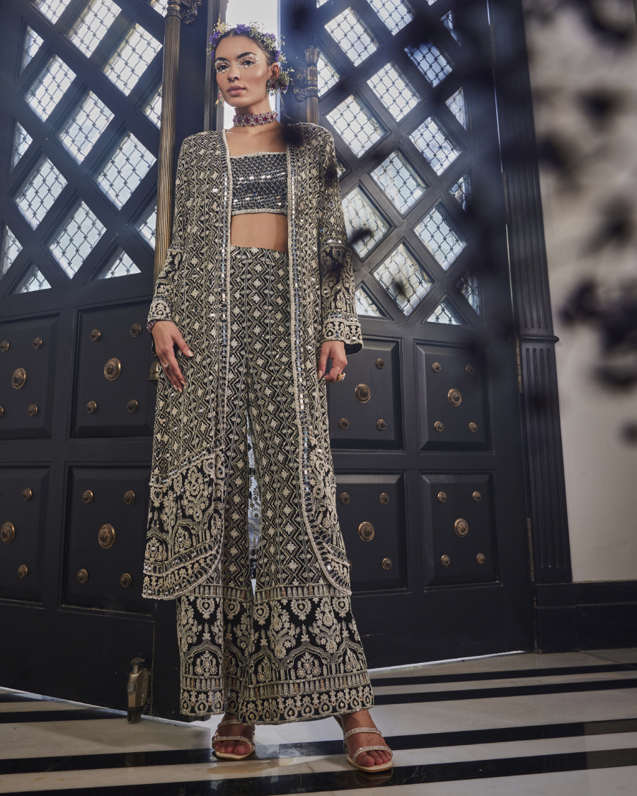 Mila Cape with a Mirror Bustier and Pallazos in Black