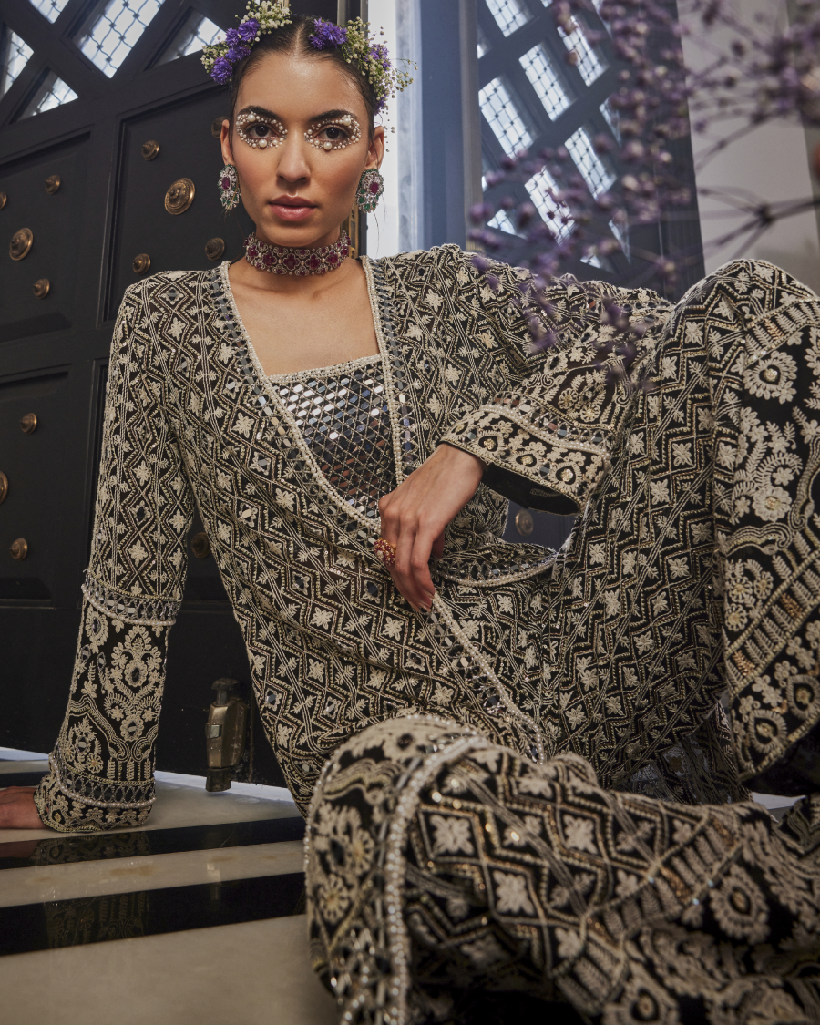 Mila Cape with a Mirror Bustier and Pallazos in Black