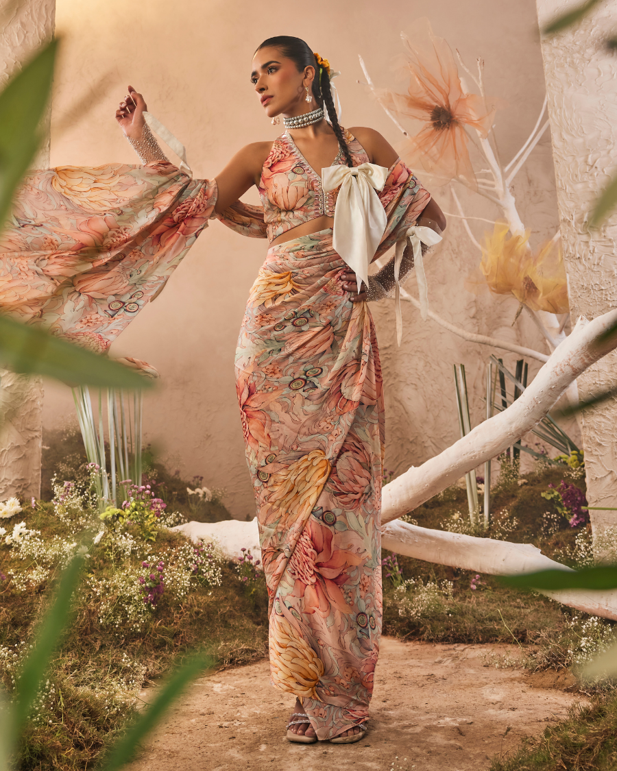 Mari Draped Sari with Blouse in White