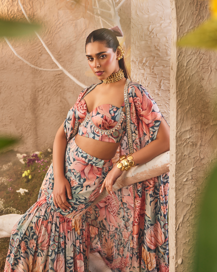 Sara Cape Set with Corset and Sharara Pants