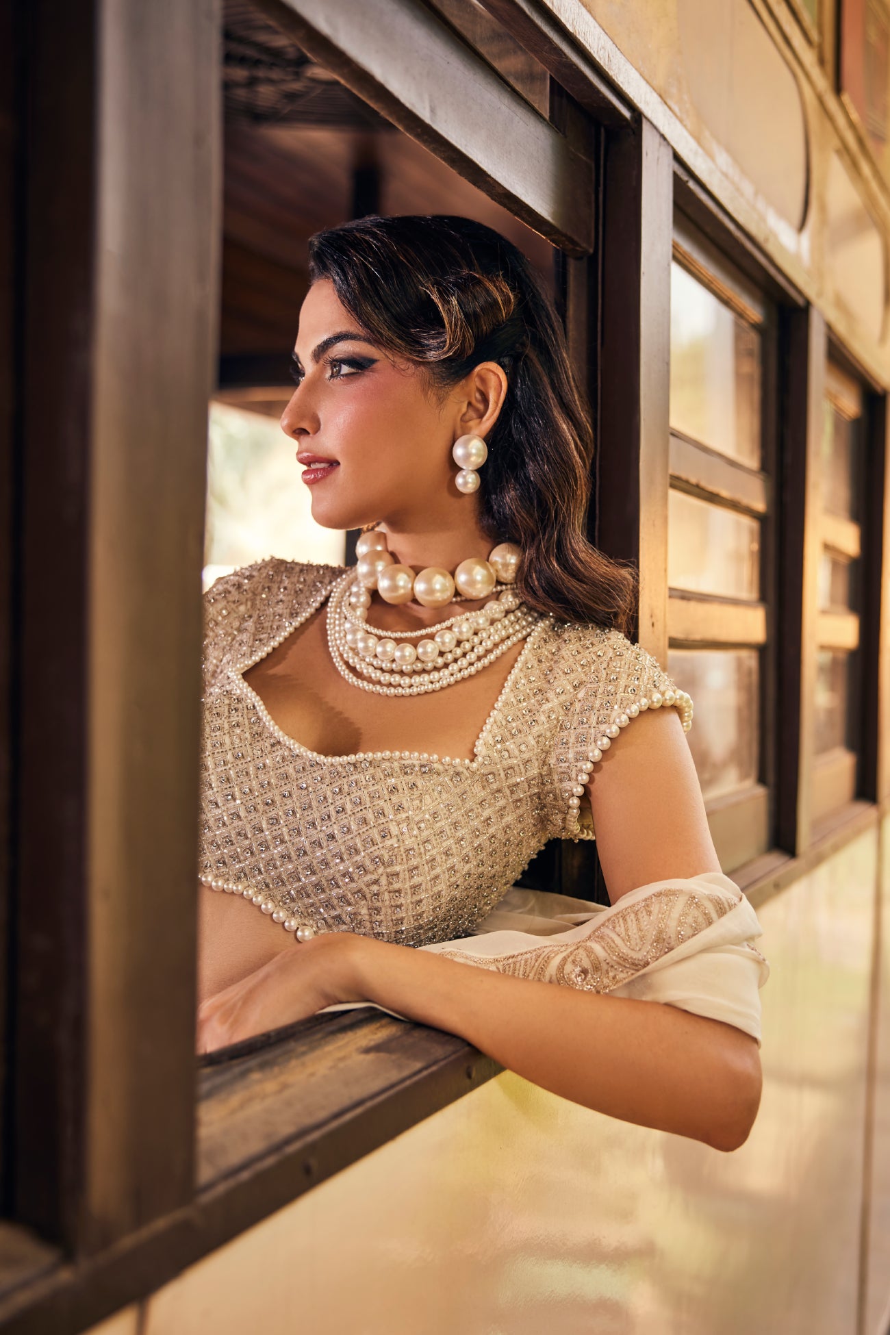 Perle Lehenga Set with Beaded Blouse in Ivory Zari