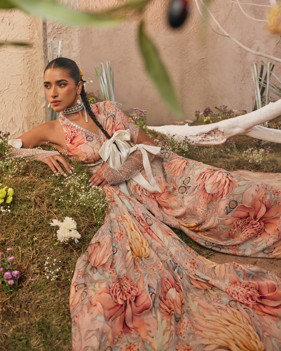 Mari Draped Sari with Blouse in White