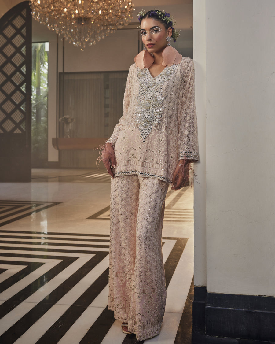Kiara Slim Tunic with Gota and Mirror Yoke with Palazzos in Blush