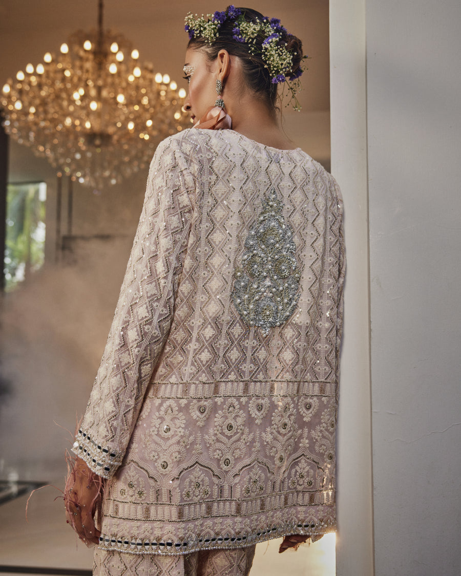 Kiara Slim Tunic with Gota and Mirror Yoke with Palazzos in Blush