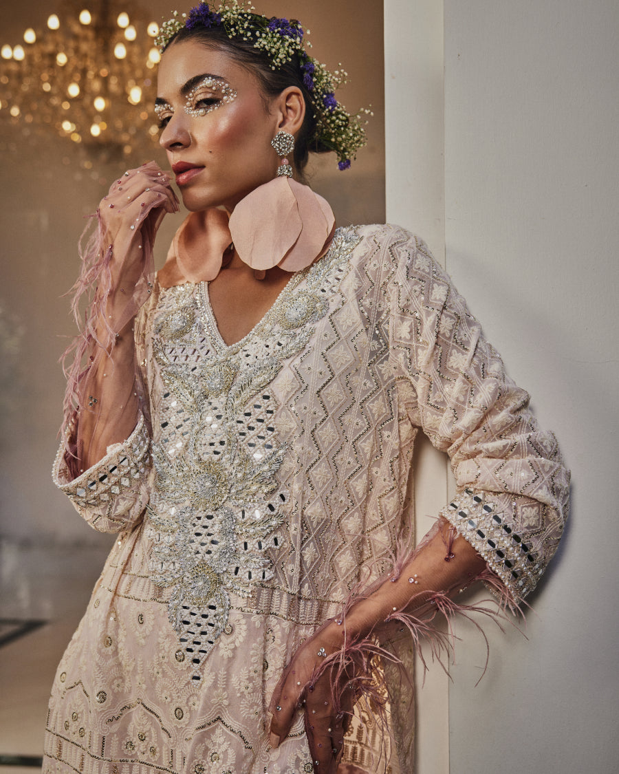 Kiara Slim Tunic with Gota and Mirror Yoke with Palazzos in Blush