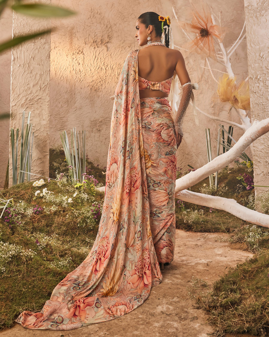 Mari Draped Sari with Blouse in White