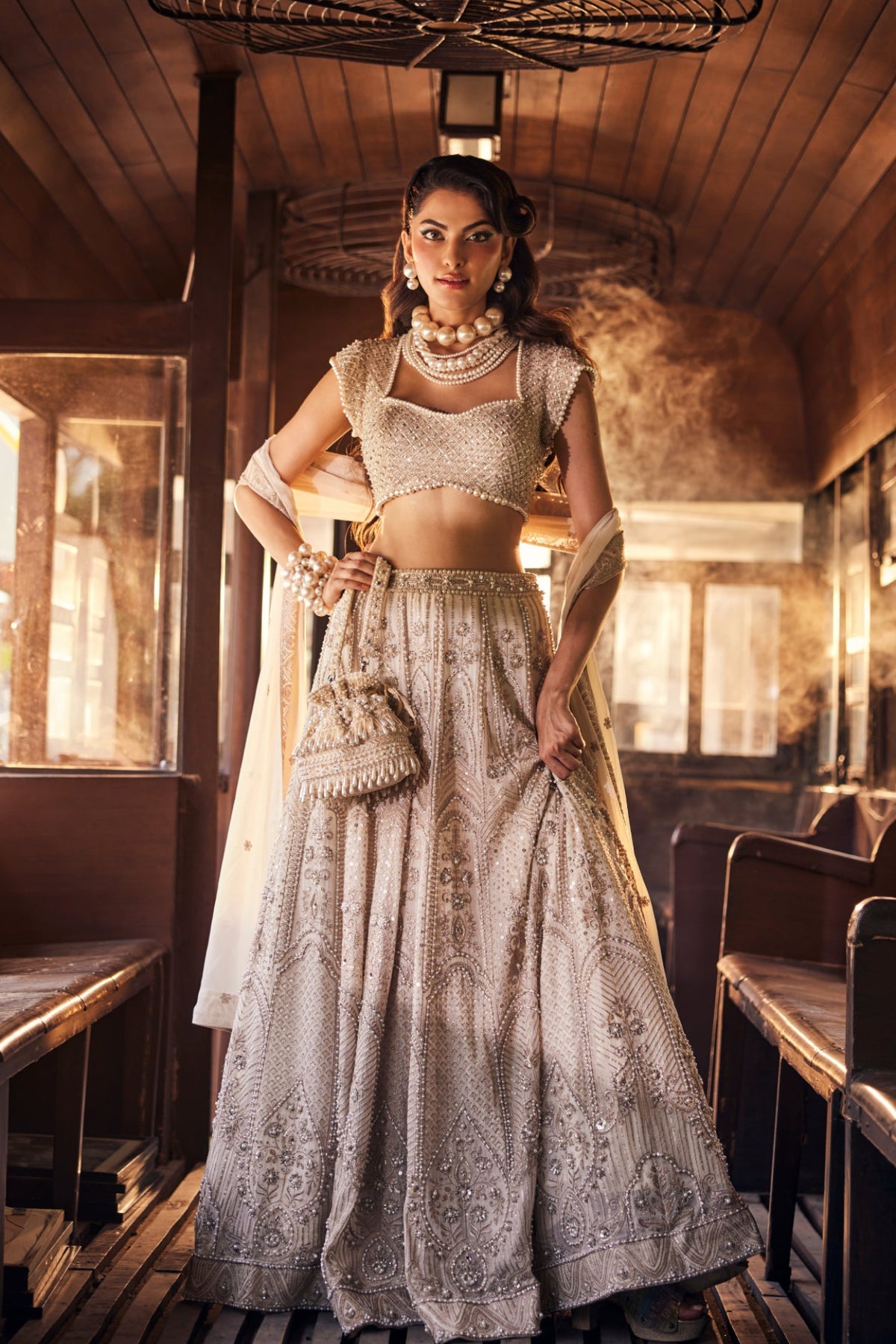 Perle Lehenga Set with Beaded Blouse in Ivory Zari
