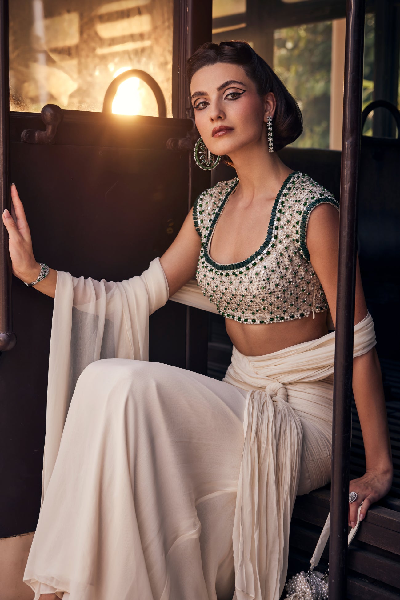 Perle Ruched Saree with Emerald Embellished Blouse
