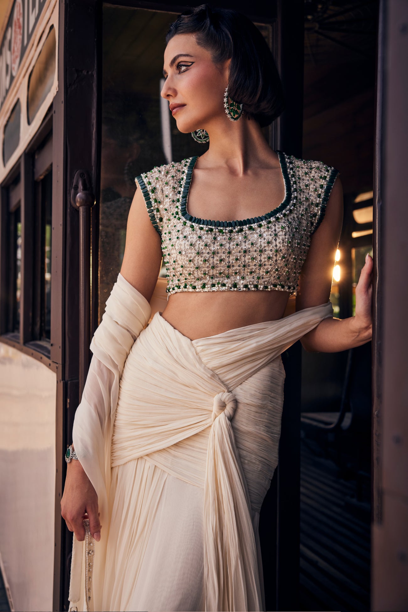 Perle Ruched Saree with Emerald Embellished Blouse