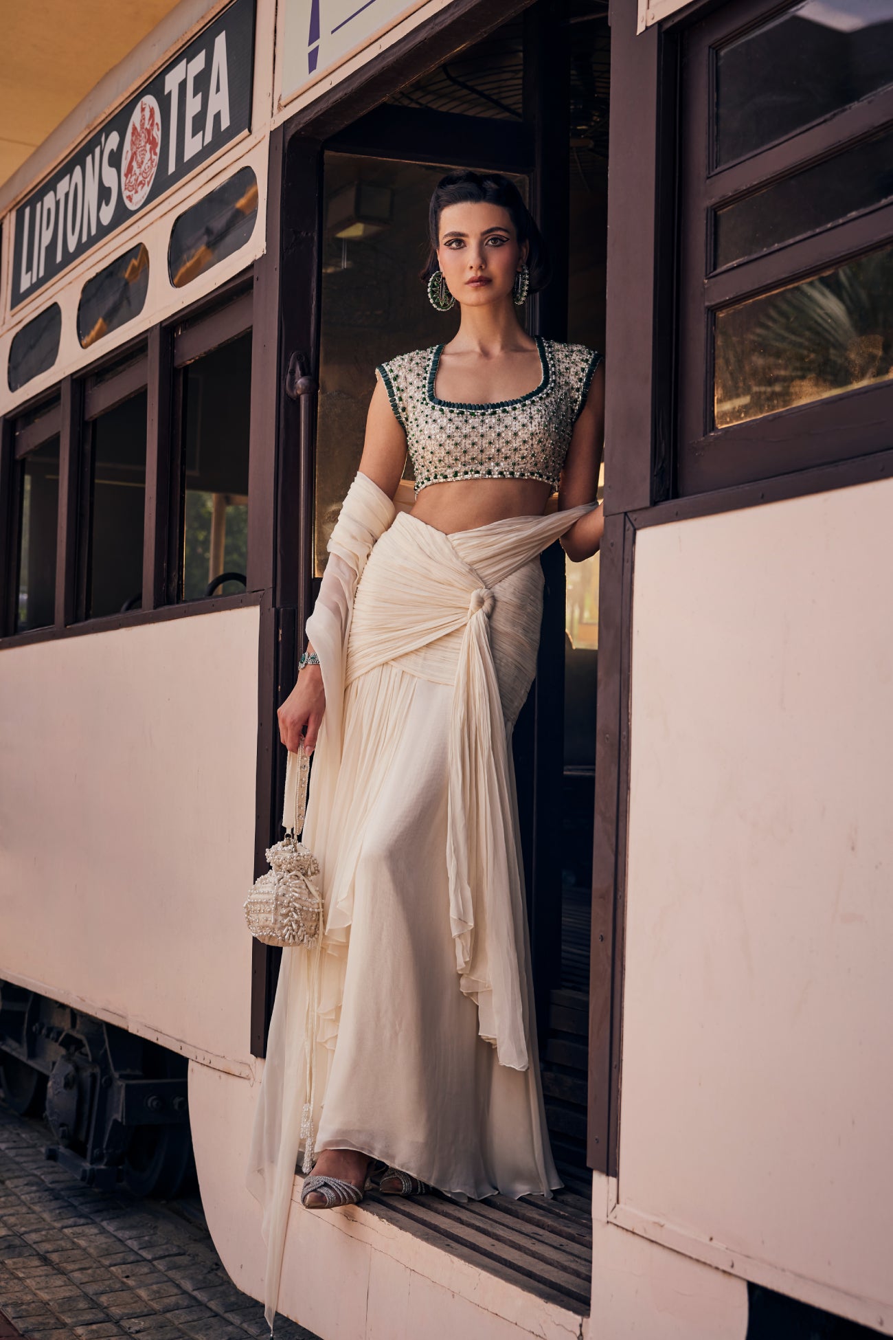 Perle Ruched Saree with Emerald Embellished Blouse