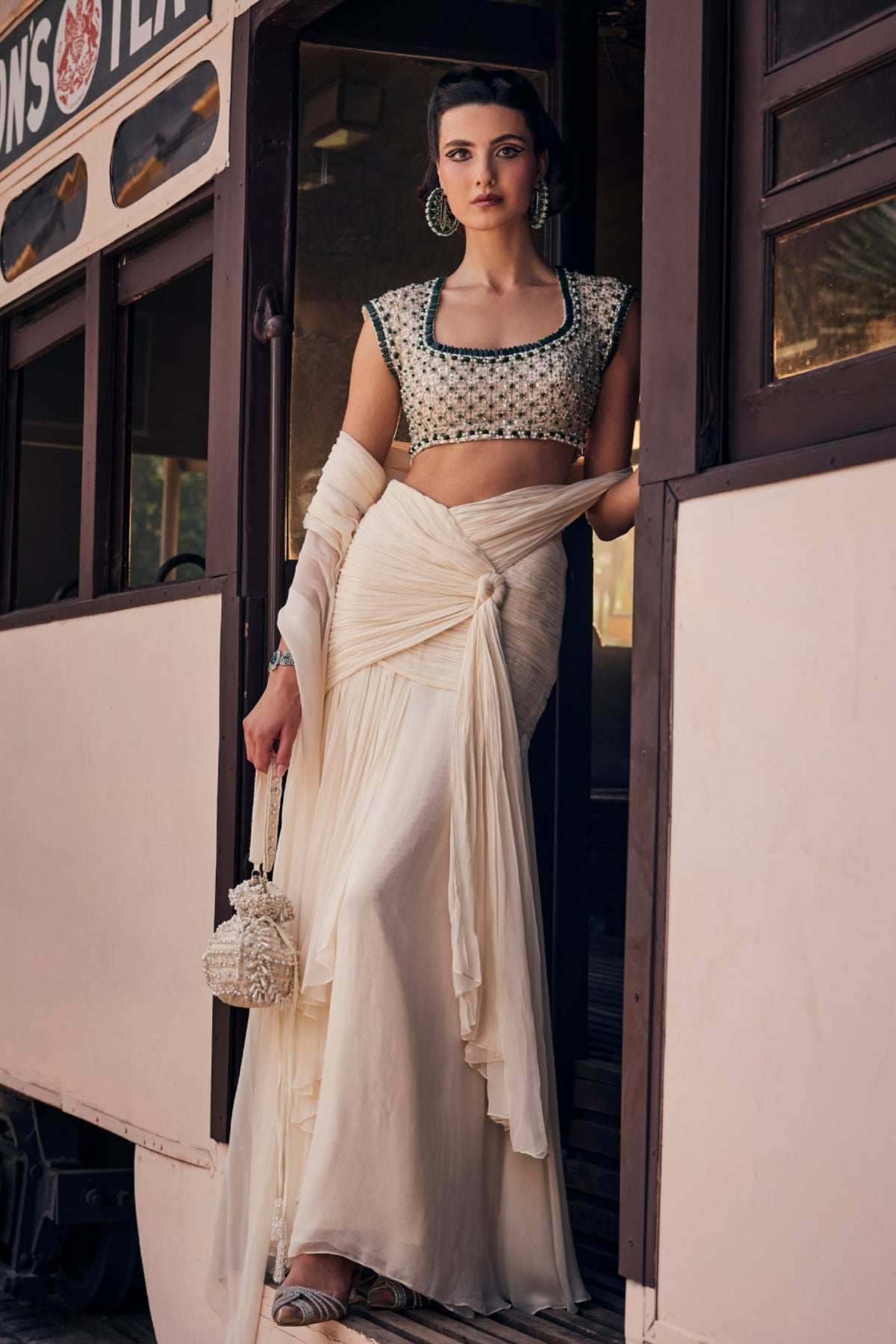 Perle Ruched Saree with Emerald Embellished Blouse