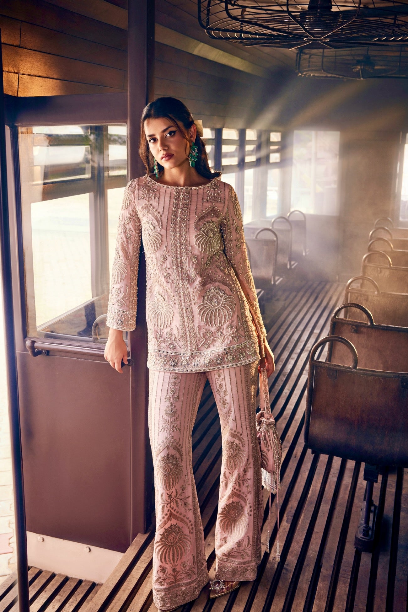 Perle Embellished Tunic with Palazzos in Pink Zari