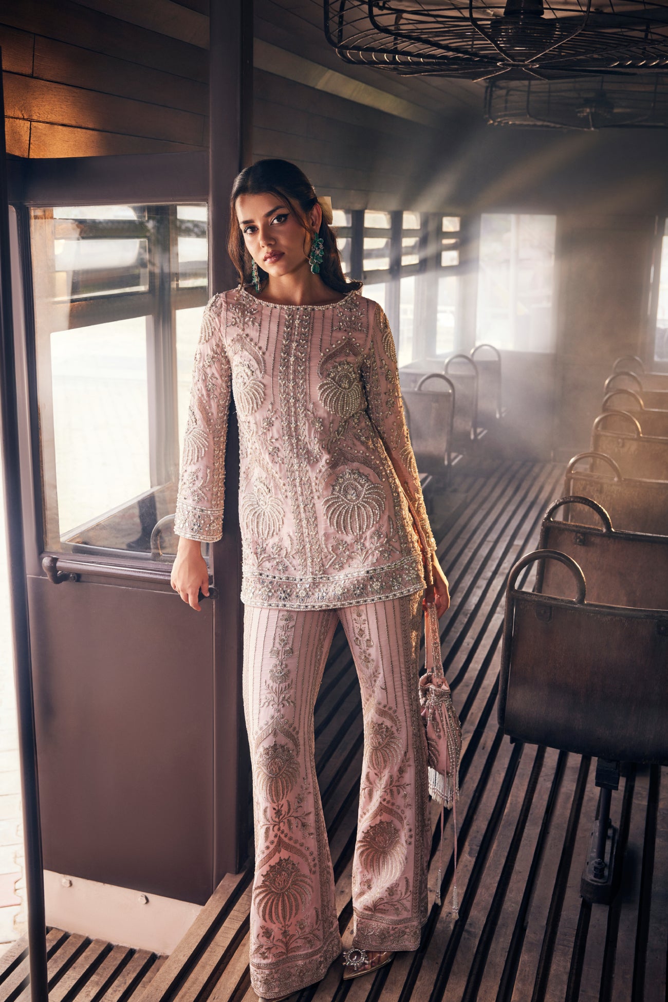 Perle Embellished Tunic with Palazzos in Pink Zari