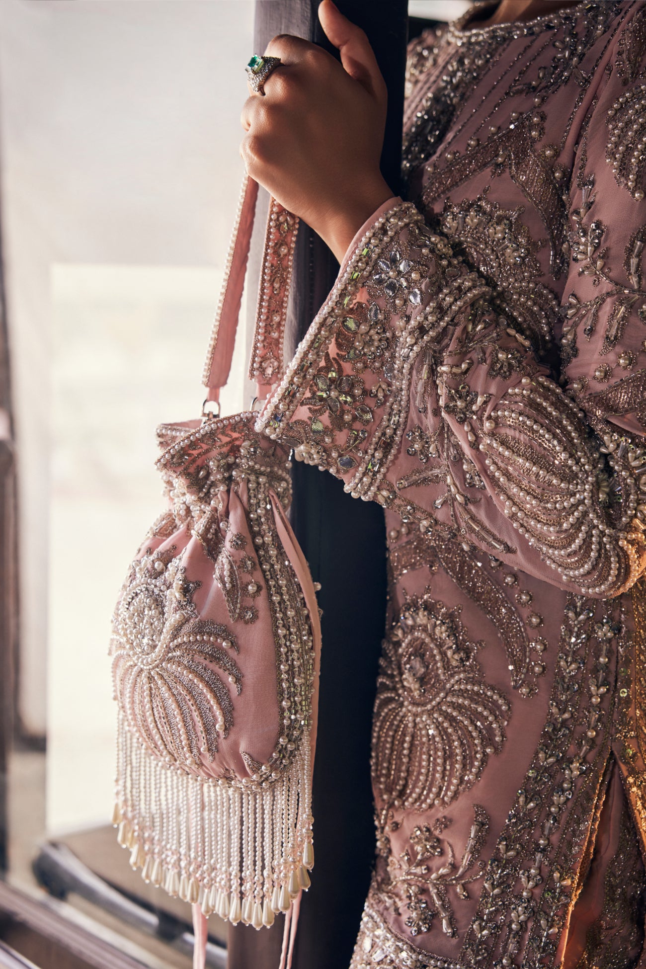 Perle Embellished Tunic with Palazzos in Pink Zari