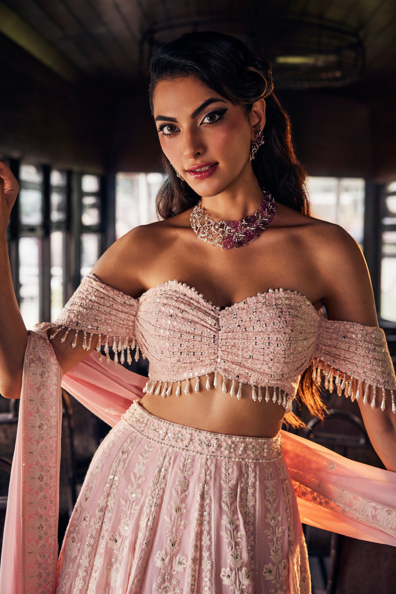 Perle Off-Shoulder Lehenga Set in Pink Thread
