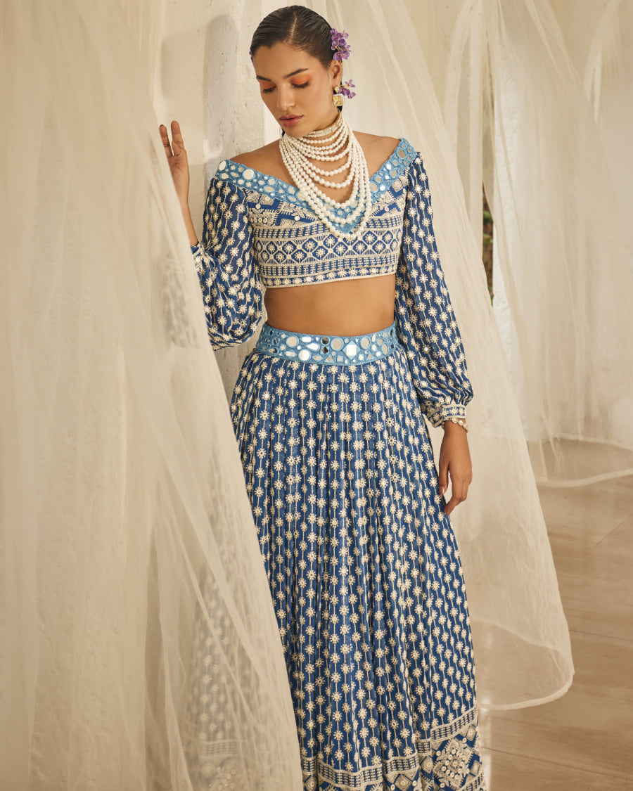 Lara Top with Stardust Lehenga Skirt in Azure