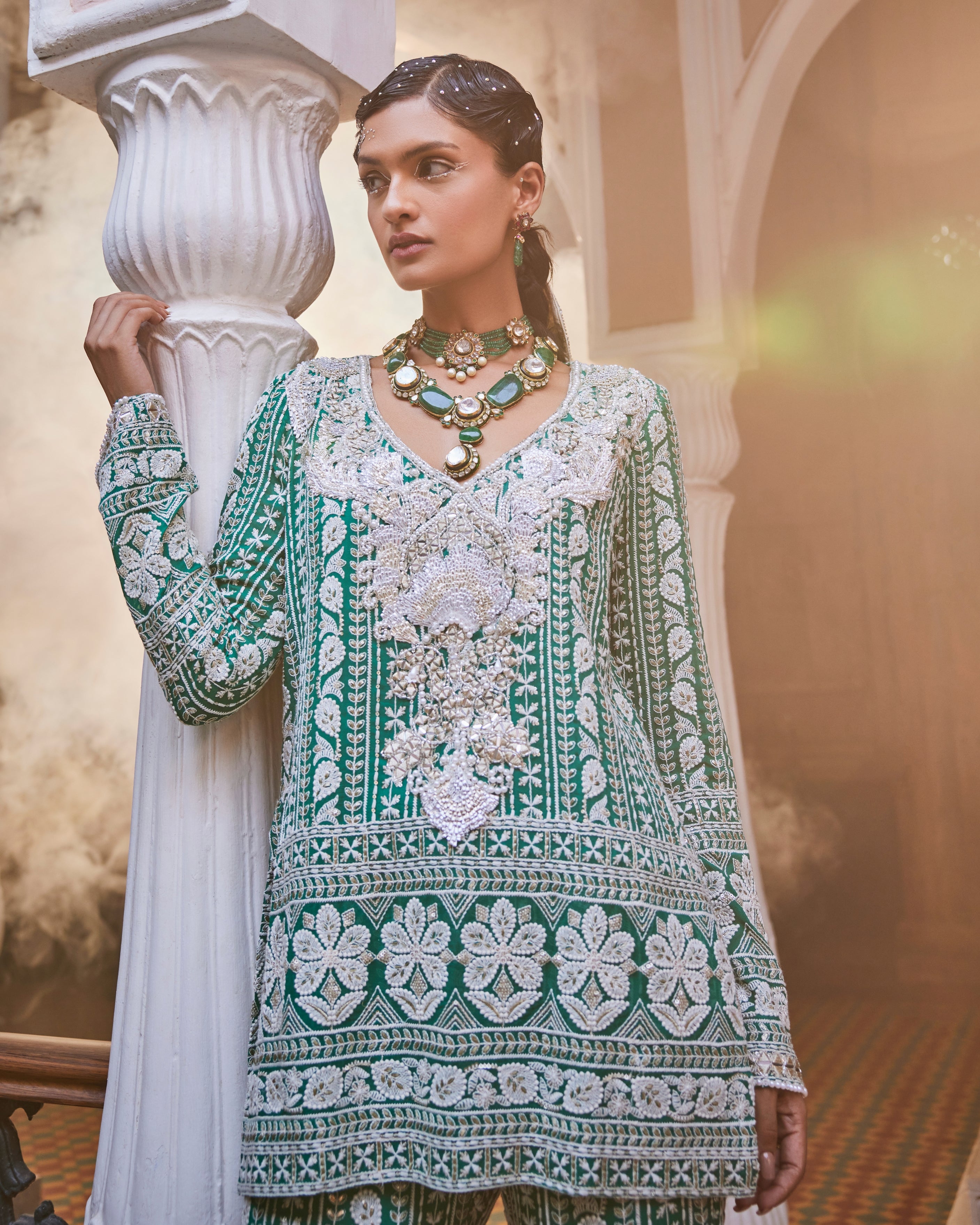 Kiara Slim Fit Tunic With Sheesh Yoke and Palazzo Pants in Emerald