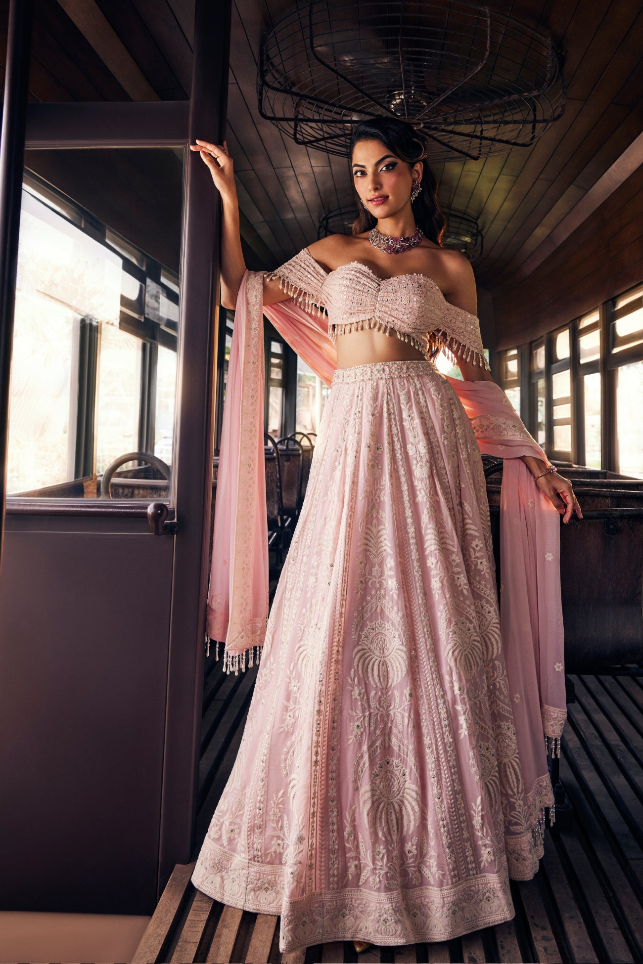 Perle Off-Shoulder Lehenga Set in Pink Thread