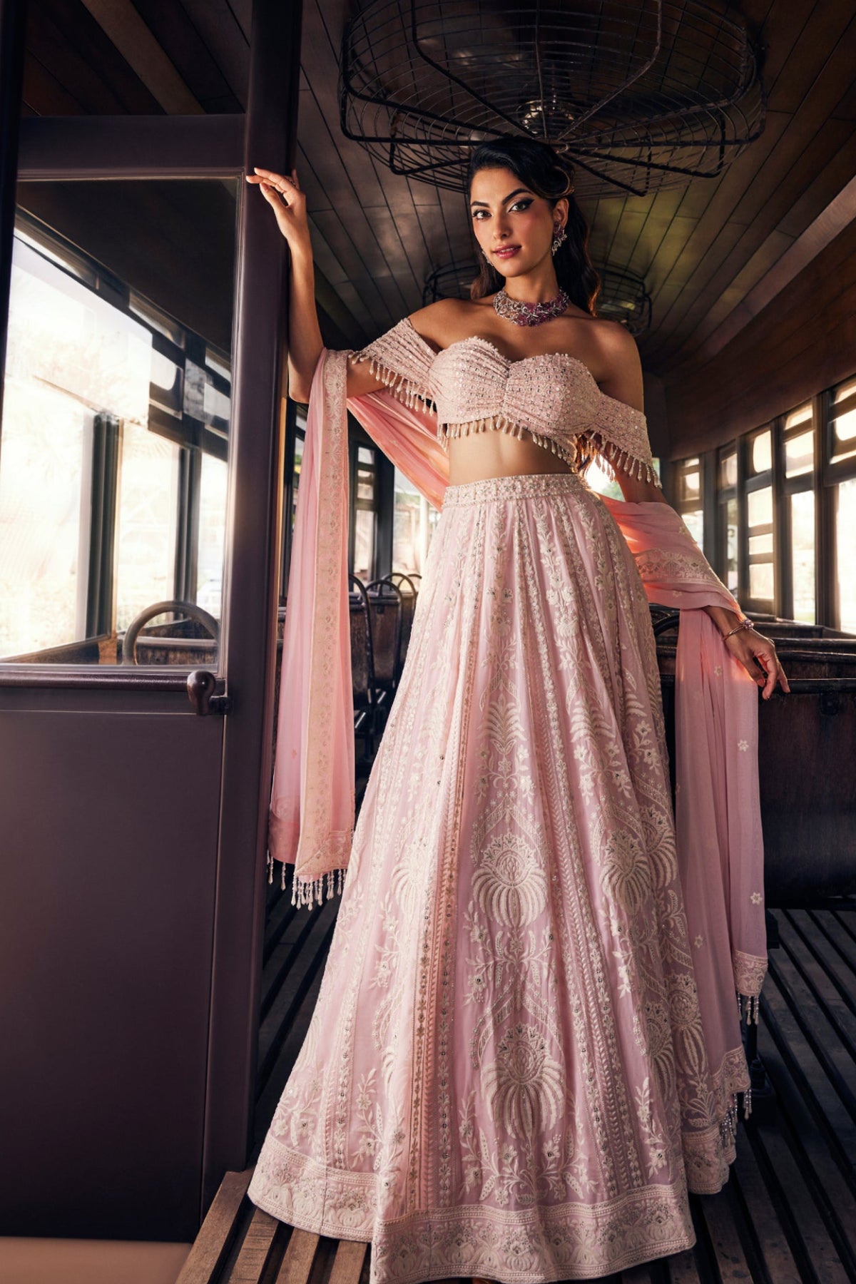 Perle Off-Shoulder Lehenga Set in Pink Thread