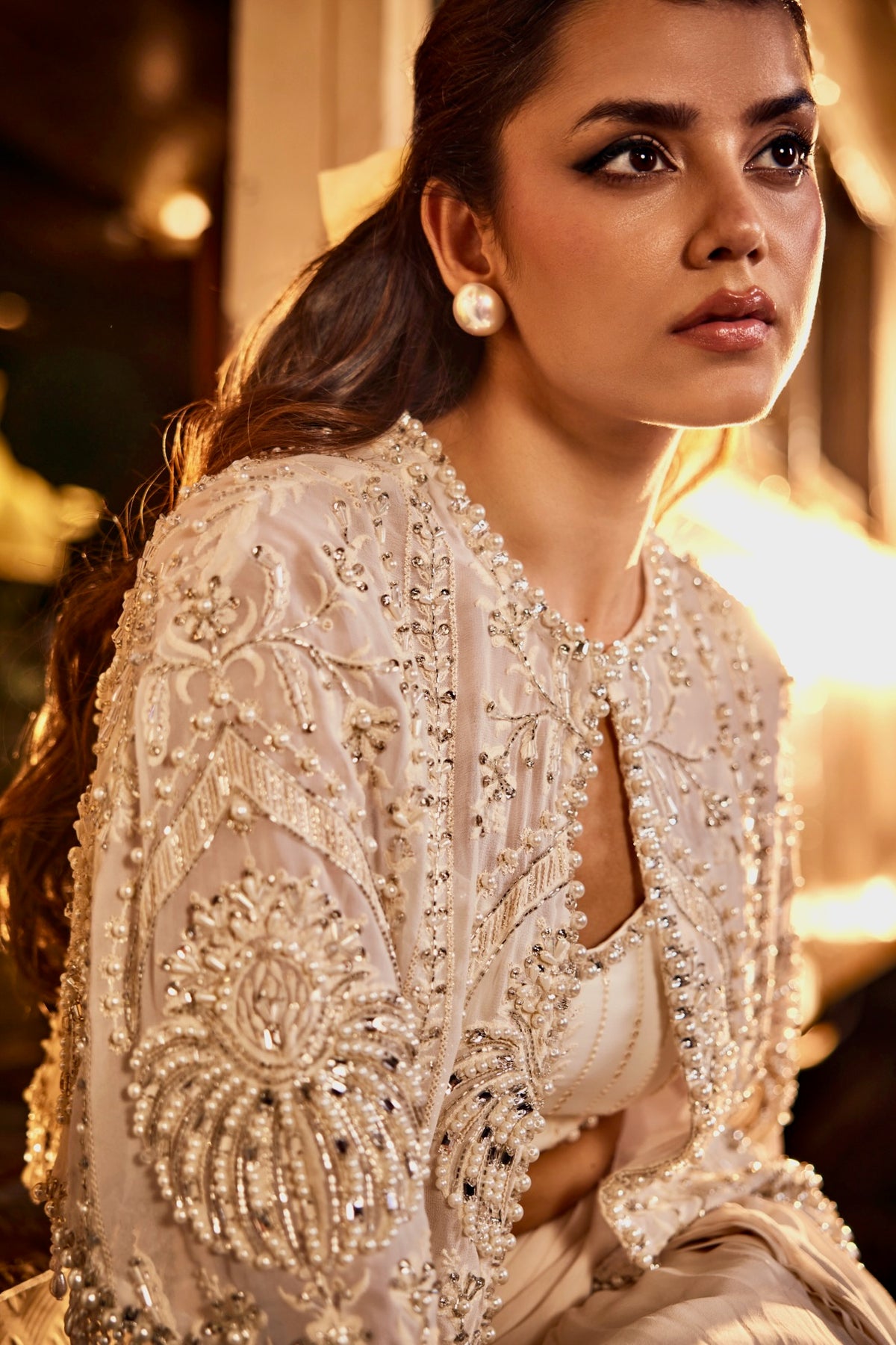 Perle Embellished Cape with Bustier and Trina Skirt in Ivory Thread