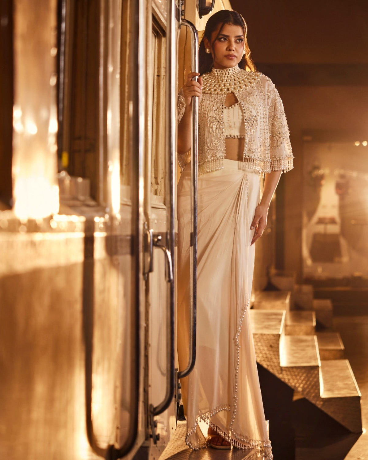 Perle Embellished Cape with Bustier and Trina Skirt in Ivory Thread