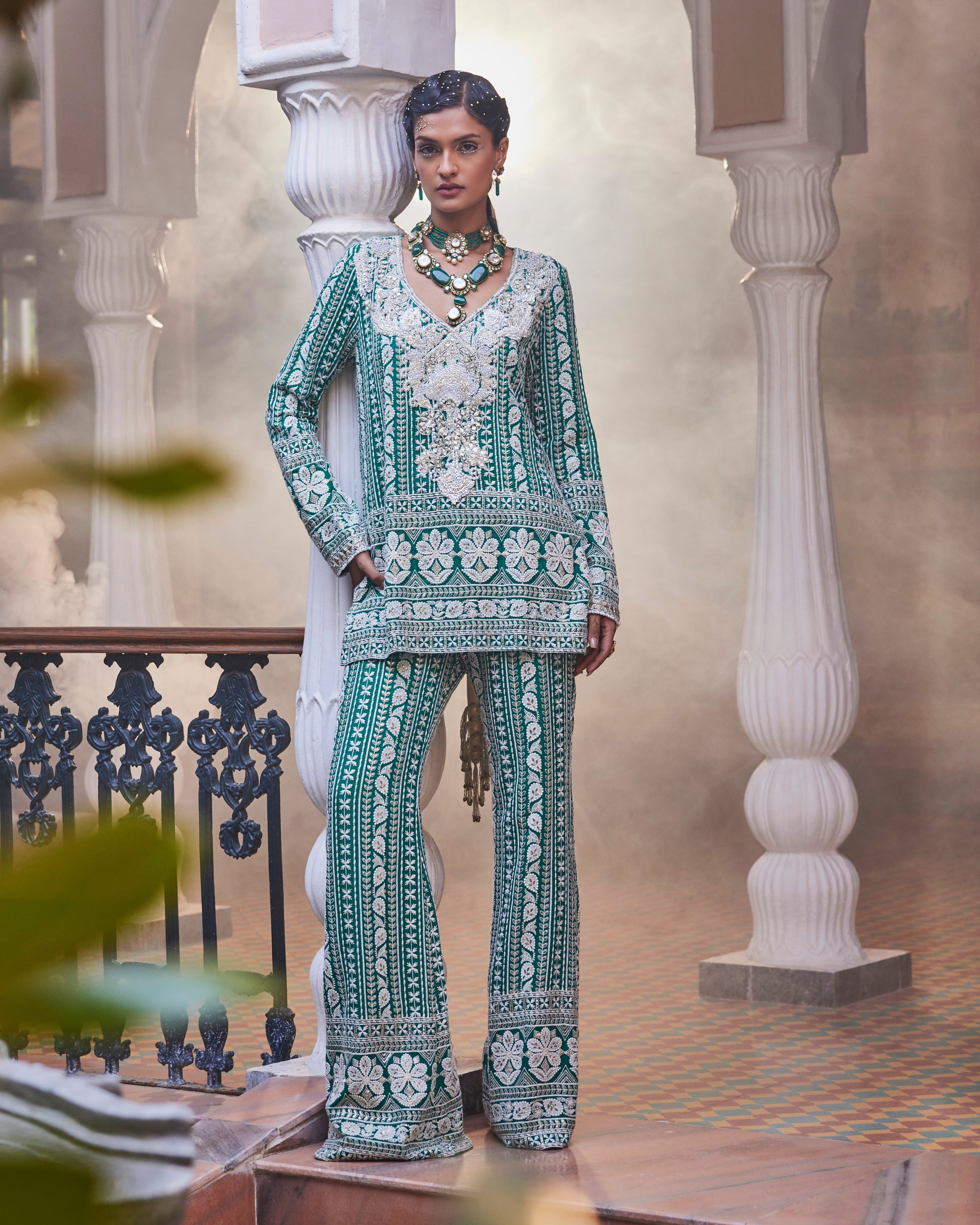 Kiara Slim Fit Tunic With Sheesh Yoke and Palazzo Pants in Emerald