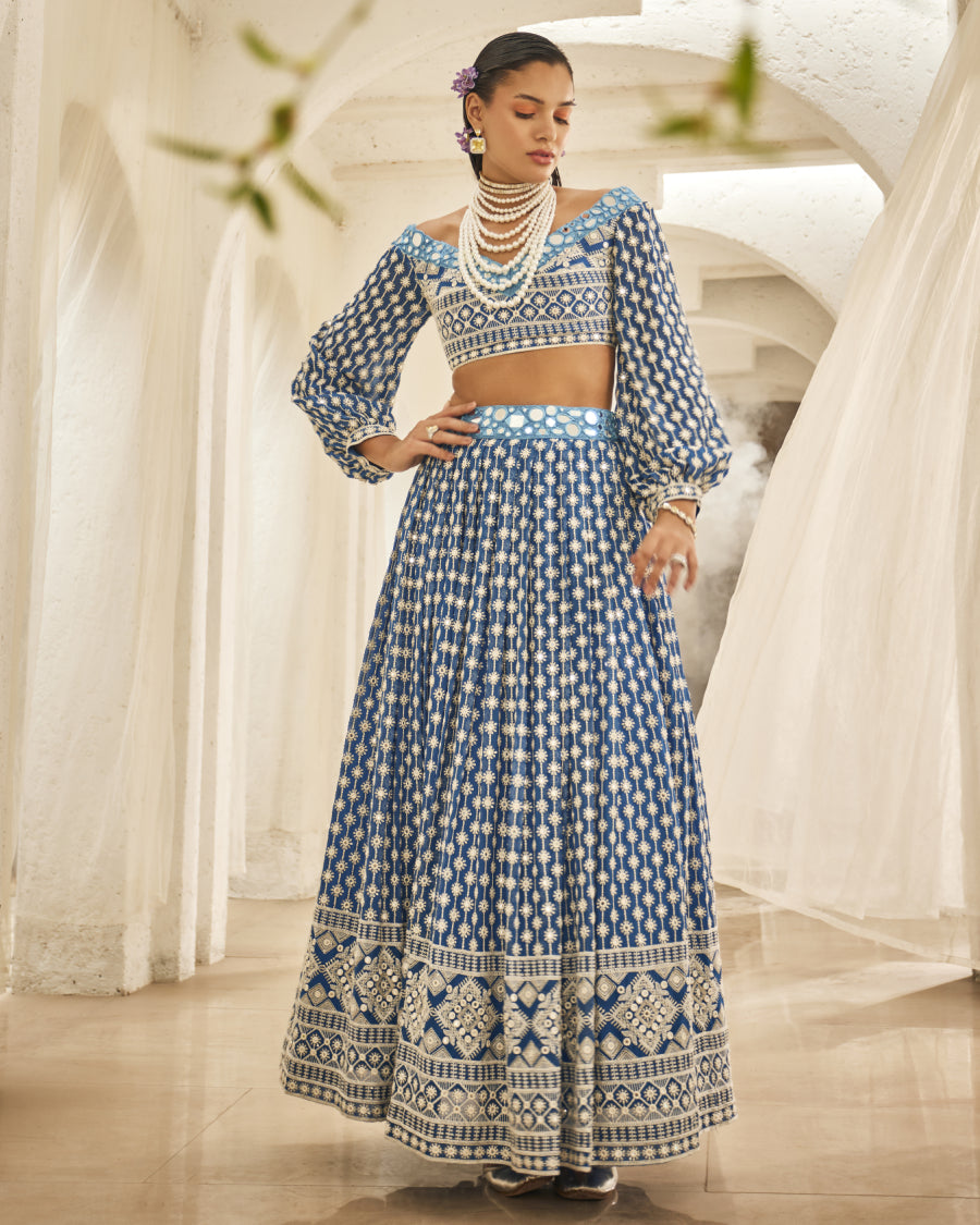 Lara Top with Stardust Lehenga Skirt in Azure